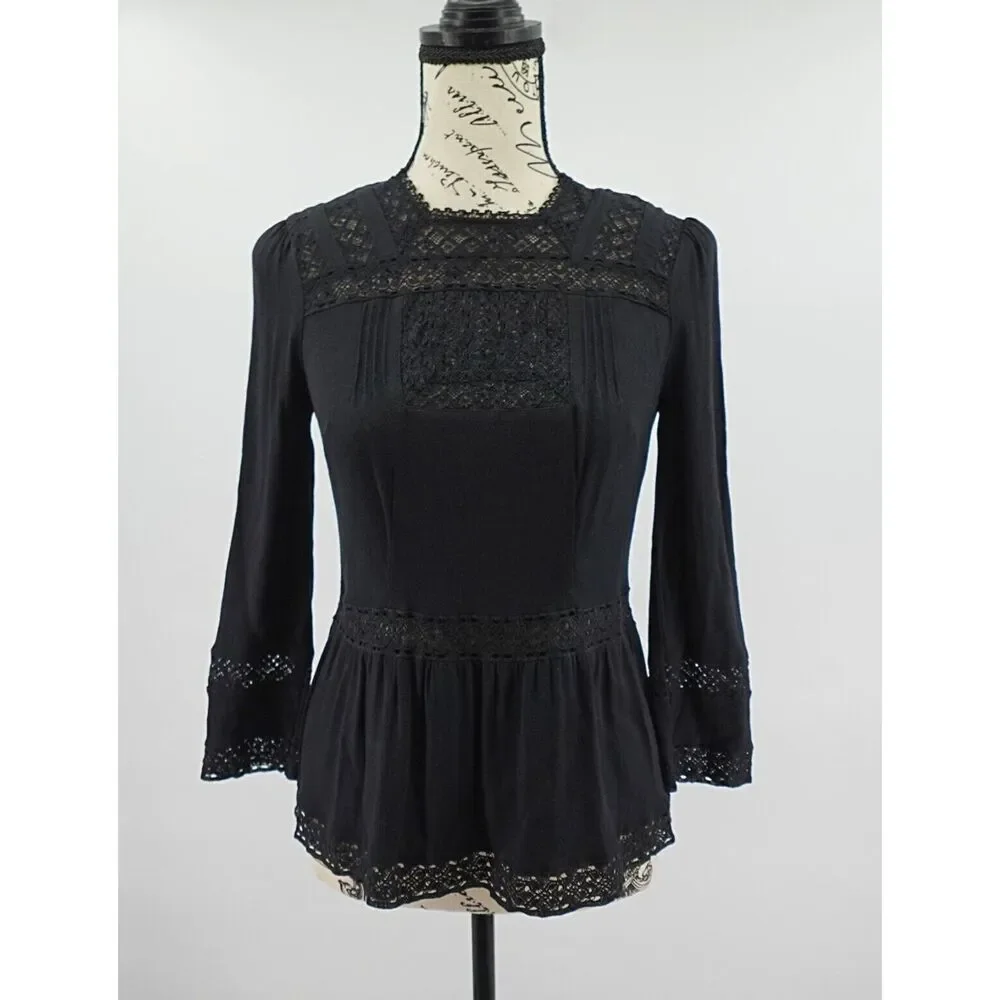 J Crew Point Sur Top Womens 00 Black Peplum Lace Crochet Victorian Wimsigoth‎